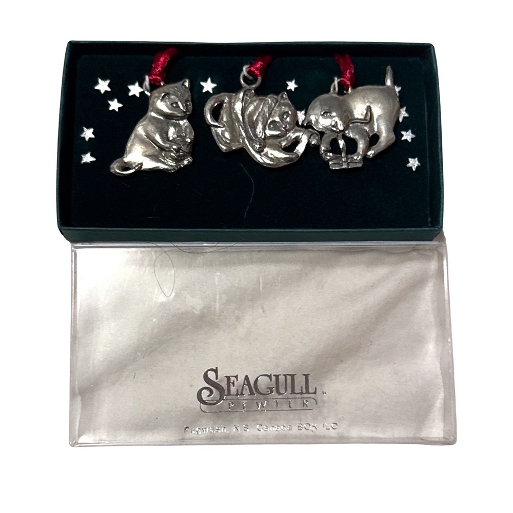 SEAGULL PEWTER Cat Ornaments Set Of 3 Silver New Boxed Handcrafted Collectible